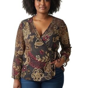 Chicos Paisley Floral Silk Wrap Blouse Size 3 Long Sleeve‎ Semi Sheer Top